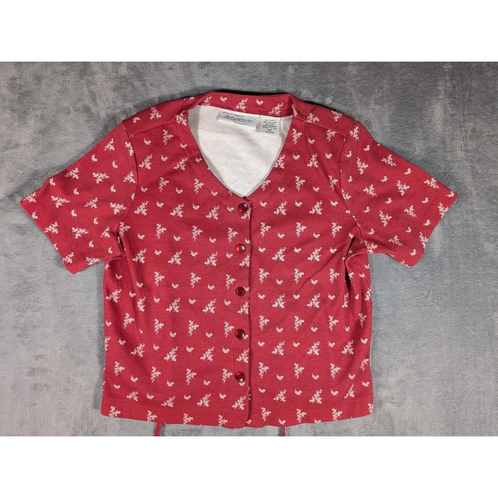 Two Twenty Collection Womens Small Red Floral V Neck Button Front Tie Back Top